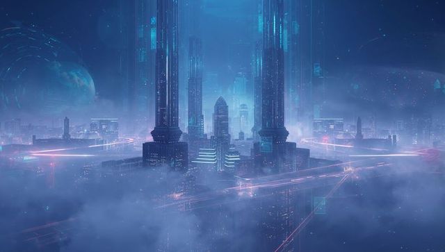 Futuristic Cyberpunk City with Skyscrapers Above Clouds
