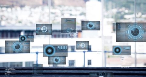 Futuristic Digital Data Interface Overlooking Cityscape