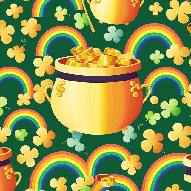 Pot of gold with orange and green shamrocks and rainbows, created using generative ai technology. St patricks day, irish tradition and celebration concept digitally generated image.