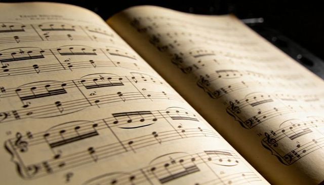 Resting open vintage sheet music on music stand with warm light and printed notation piano