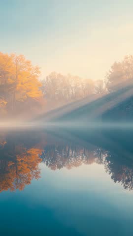 Sunlight Shifting Over Misty Lake Reflecting Golden Autumn Trees Vertical Video