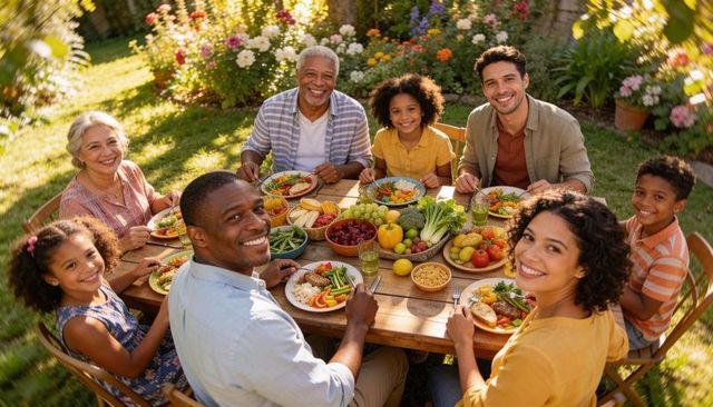 Multigenerational family enjoying outdoor garden lunch around sunlit wooden table together