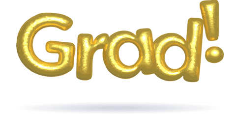 Gold foil balloons spelling 'grad!' on transparent background