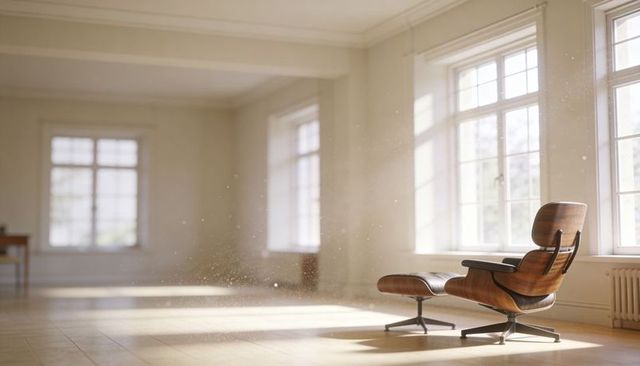 Sunlit mid-century lounge chair and ottoman in minimalist living room with window light