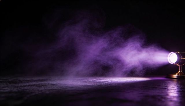 Violet spotlight cutting through misty haze across dark floor with dramatic moody lighting