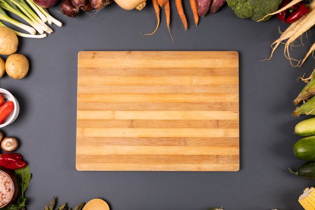 Directly above view of wooden cutting board surrounded by various vegetables on gray background. unaltered, organic food and healthy eating concept.