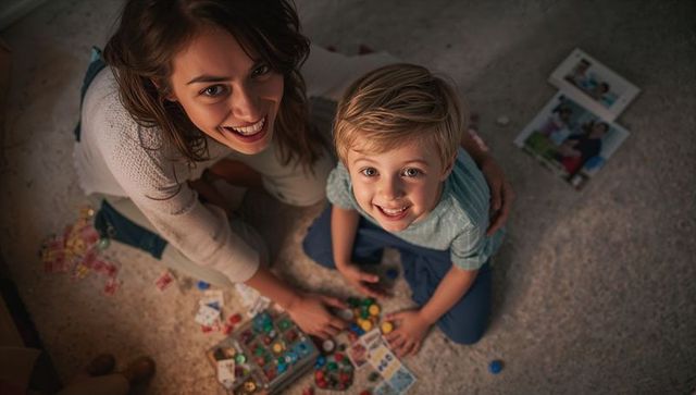 Mother and son playing board game on carpet, sharing warm laughs and cozy family bonding