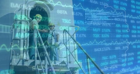 Engineers using tablet for inspection with financial data overlap