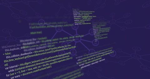 Neon 3D Network Visualization Showing Floating Code, Glowing Nodes, Wireframe Matrix Depth