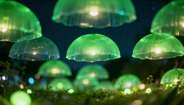 Emerald dome luminaires hovering over grassy meadow at night, glowing orbs and bokeh