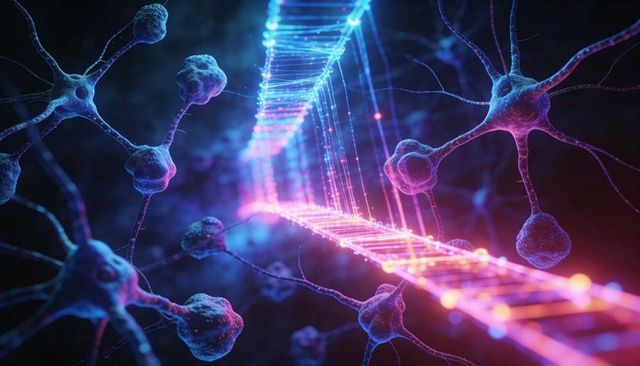 Glowing dna-like helix threading through neural network in neon cyan and magenta 3d render