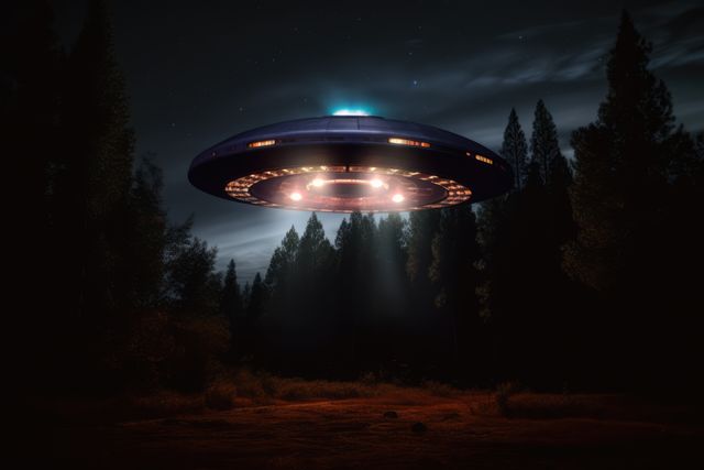 Hovering UFO with bright lights illuminating forest at night, creating a mysterious atmosphere. Ideal for science fiction stories, alien invasion concepts, UFO sightings, and eerie, futuristic artwork themes.