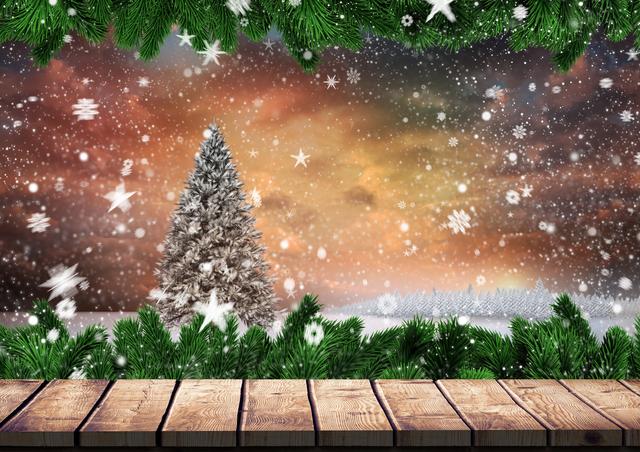 Festive Christmas Background with Snowy Tree and Wooden Plank - Download Free Stock Photos Pikwizard.com