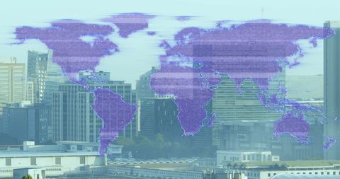 Digital world map overlay above urban cityscape