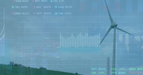 Wind Turbine Against Overlay of Economic Data and Rural Landscape