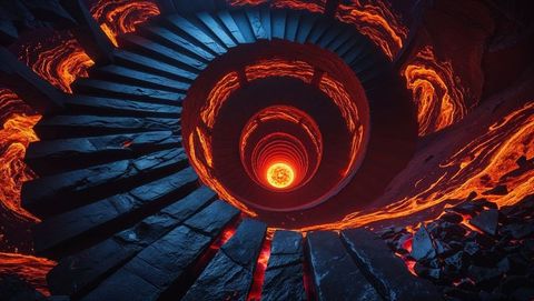 Spiral stairs descending into volcanic hell abyss