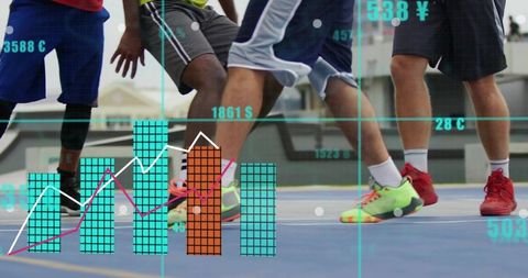 Training footwork on urban basketball court with neon shoes and data analytics overlay