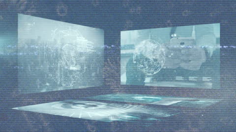 Futuristic Data Interfaces with Glitch Effects and Technological Elements