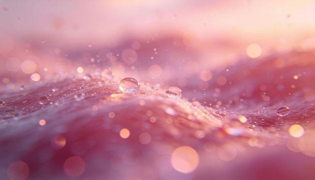 Macro water droplets glistening on rippled pink surface with dreamy bokeh and pastel light
