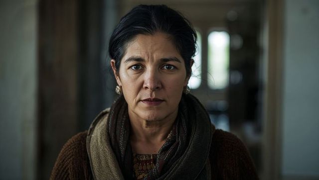 Midlife woman holding steady gaze wearing scarf and knit sweater intimate indoor portrait