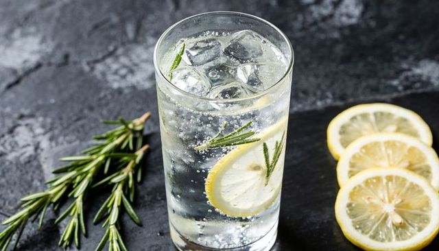Sparkling lemon rosemary highball chilling on dark slate with ice and citrus slices