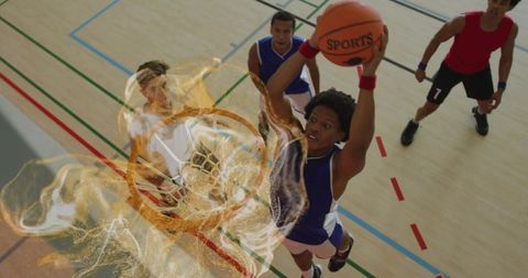 Dynamic Basketball Dunk with Fiery Hoop Effect