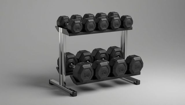 Rubber hex dumbbells on metal rack in studio