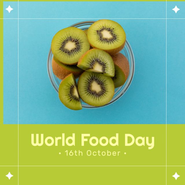 Image of world food day over blue and green background with kiwi. Food, nutrition and food production concept.