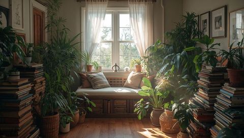 Sunlit reading nook with window bench, houseplants and stacked books for cozy interiors