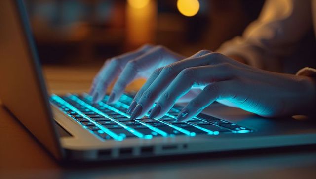 Manicured hands typing with modern laptop glowing blue