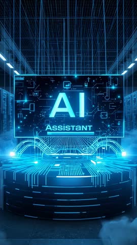AI Assistant Launching on Neon Platform in Futuristic Data Corridor, Vertical Tech Interface