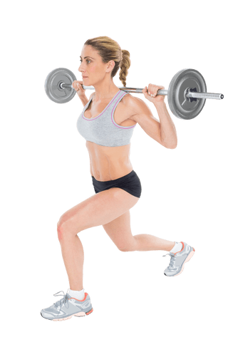 Strong female athlete performing barbell lunge on transparent background