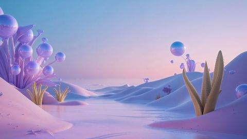 Surreal Fantasy Landscape with Shimmering Purple Pods at Twilight