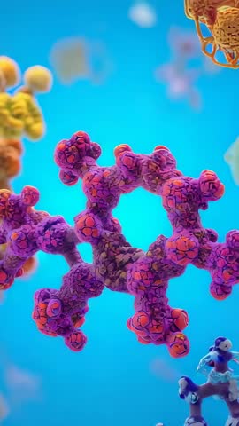 Vertical microscopic motion circling purple molecular cluster in blue medium for futuristic science