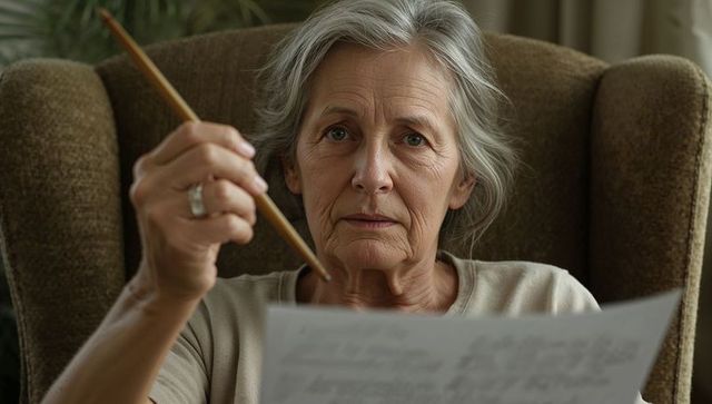 Senior woman pointing pencil at document while reviewing papers in cozy living room chair