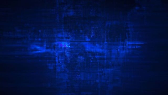 Neon blue data grid with glowing central streak, futuristic code overlay and circuitry