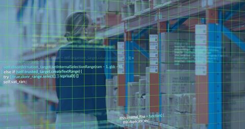 Warehouse worker inspecting barcode inventory on shelving with digital grid overlay