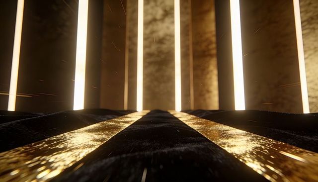 Golden stripes on black reflective floor with vertical light columns and sparks