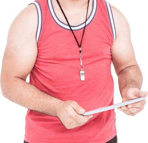 Athlete holding digital tablet on transparent background