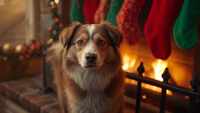 Calm dog sitting by festive fireplace with knit stockings