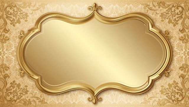 Luxurious gold baroque frame with blank gilded plaque and damask filigree background