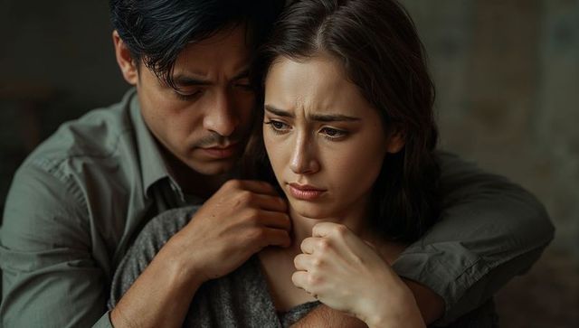 Couple sitting in worry, embracing while showing concerned expressions