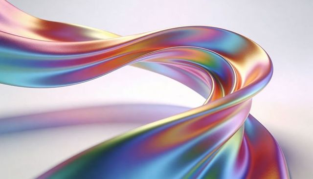 Iridescent metallic ribbon looping abstract gradient background glossy prismatic flow