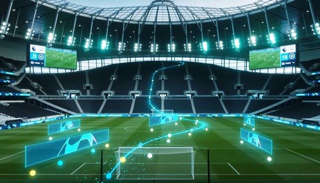 Futuristic football stadium showing glowing holographic trajectory and ar analytics