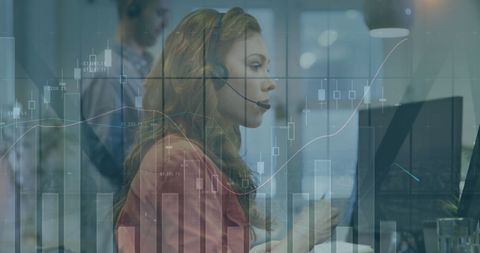 Data analysis technology with businesswoman on headset