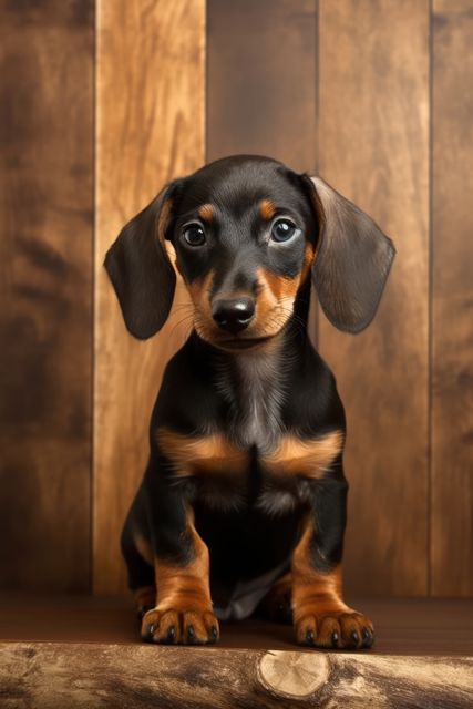 Adorable Dachshund Puppy Sitting on Wooden Floor - Download Free Stock Images Pikwizard.com