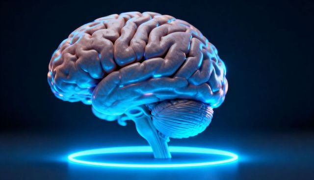 Futuristic floating human brain with neon blue halo glowing for AI neuroscience visuals