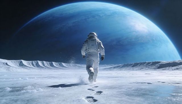 Astronaut trekking across icy moon plain toward massive blue gas giant horizon, footprints