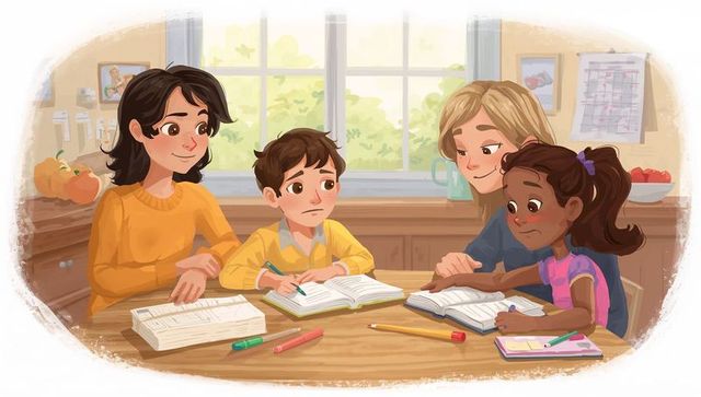 Parents guiding children doing homework at kitchen table, warm collaborative study moment