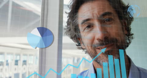 Smiling Businessman Analyzing Data with Graphs and Charts